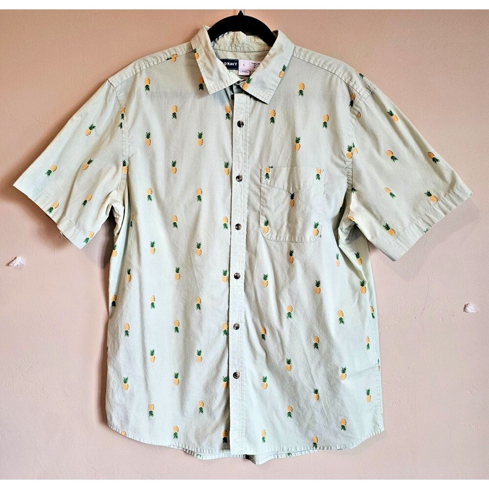 Old Navy Everyday Button Up Shirt Mens Large Short Sleeve Pineapple Beach Green